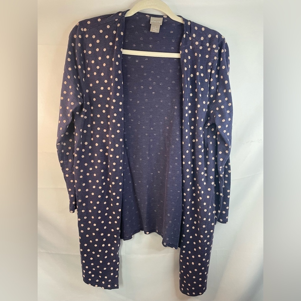 Duty blue and tan polkadot cotton blend cardigan. Open front with pockets!